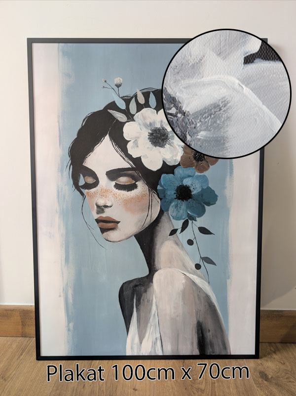 Zbliżenie na szczegółowy druk plakatu artystycznego, widać fakturę pędzla